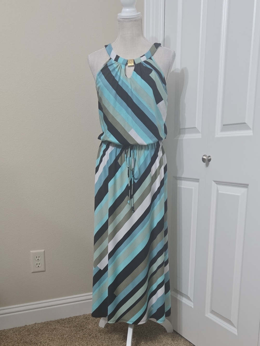 Alex & Olivia Striped Halter Midi Dress in Aqua, Black, Grey Teal & White Sz 6